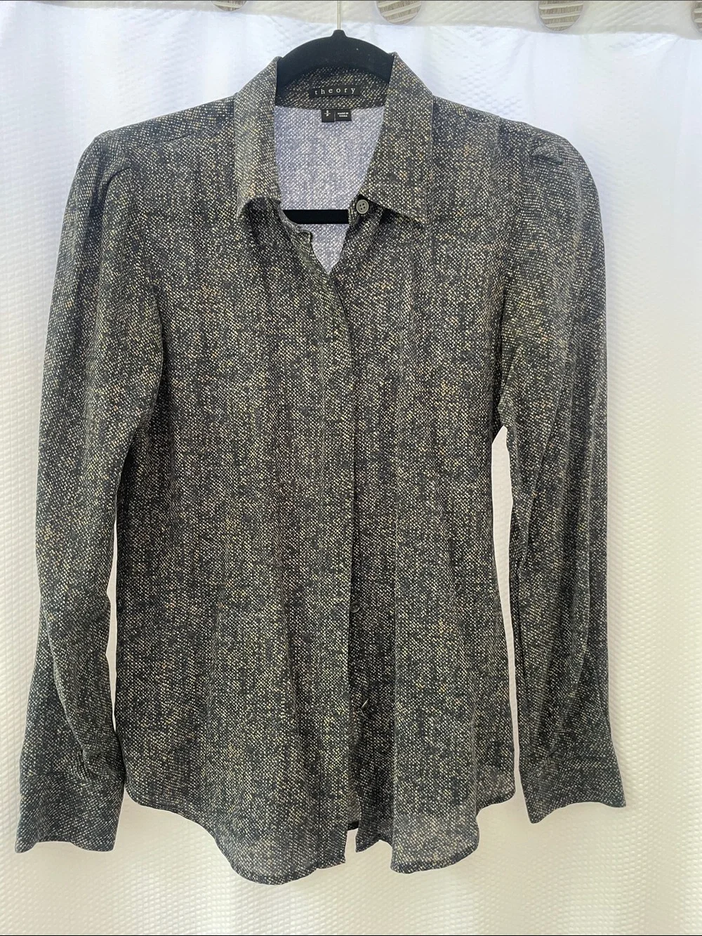 Theory Navy Blue Fleck Button-Down Shirt 100% Silk